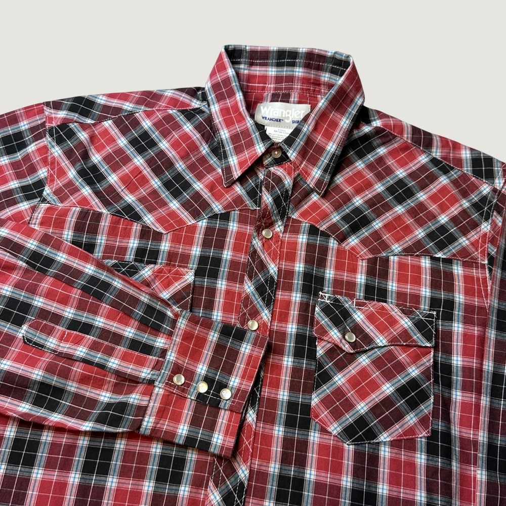 Wrangler Shirt Mens Large MTW1299 Wrancher Red Black Plaid Western Pearl Snap